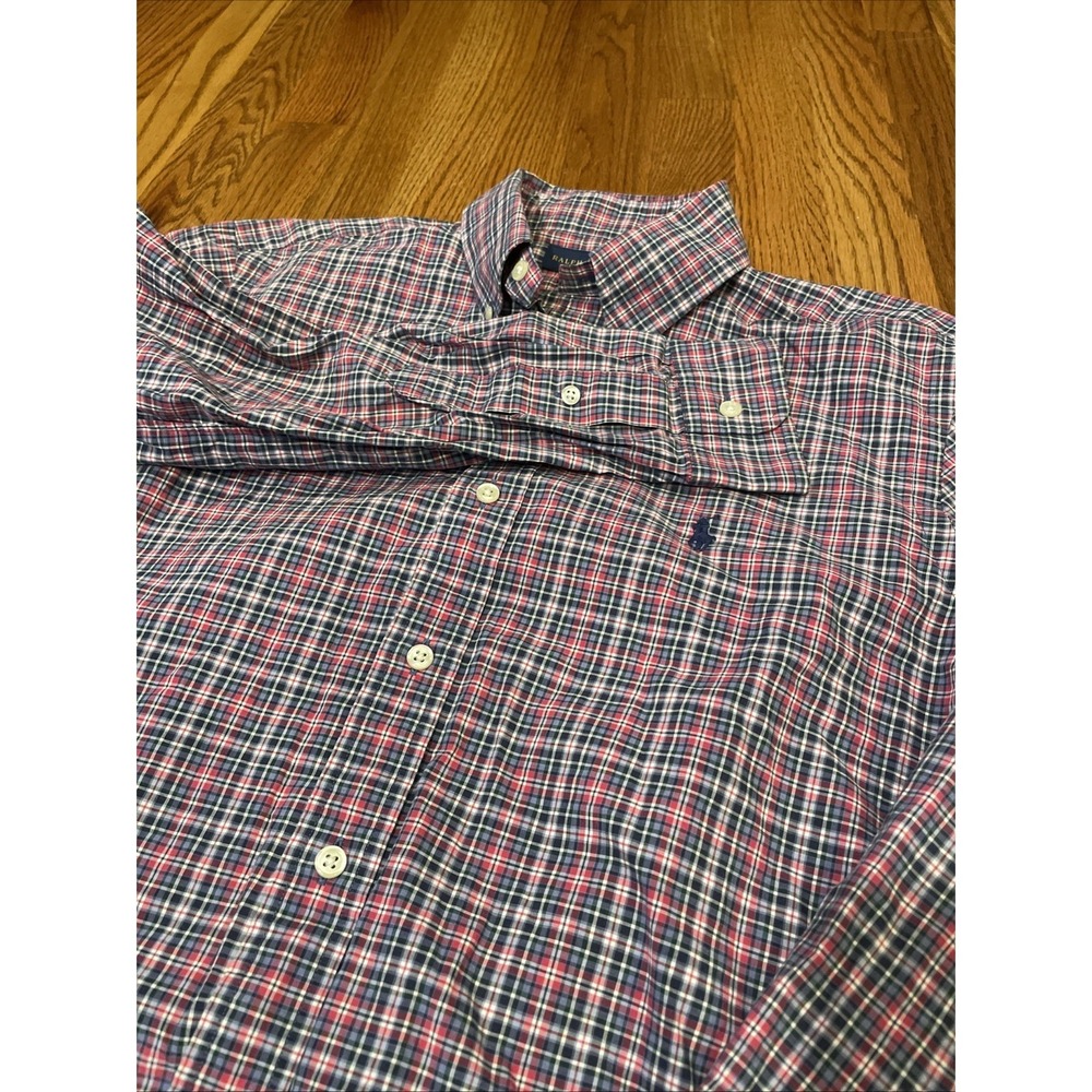 Ralph Lauren Men's Button Down Shirt Red Blue Plaid‎ Stretch Pony Cotton Medium